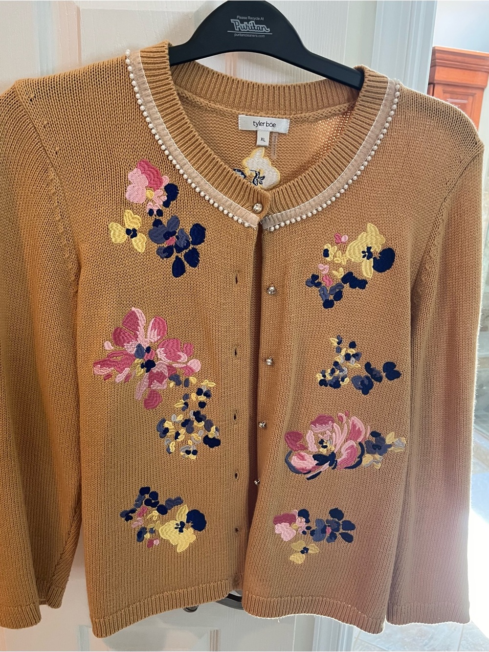 Beautiful Tyler Boe Camel Embroidered Pearl Trim Cardigan Sweater